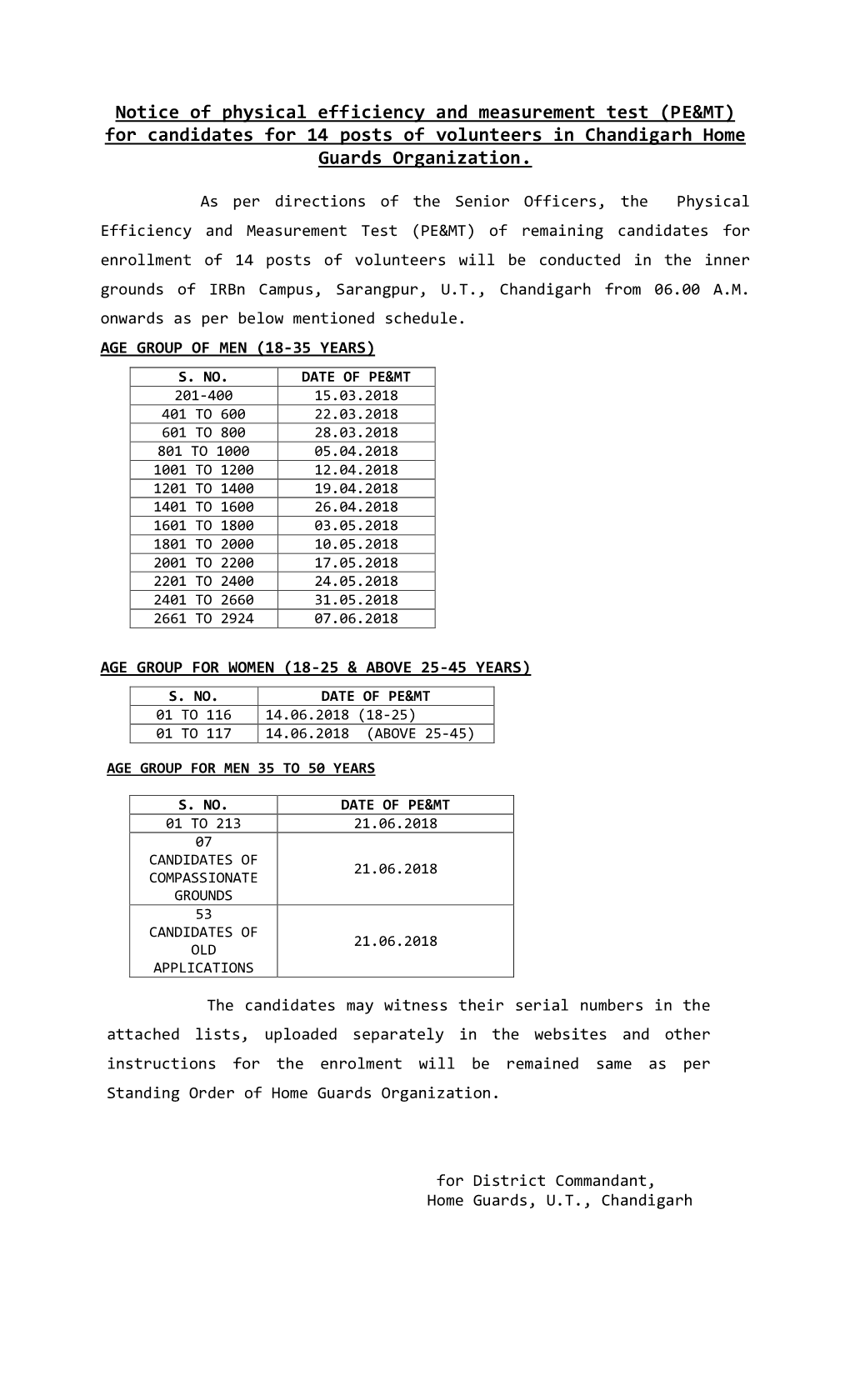 Notice of Physical Efficiency and Measurement Test (PE&MT) For