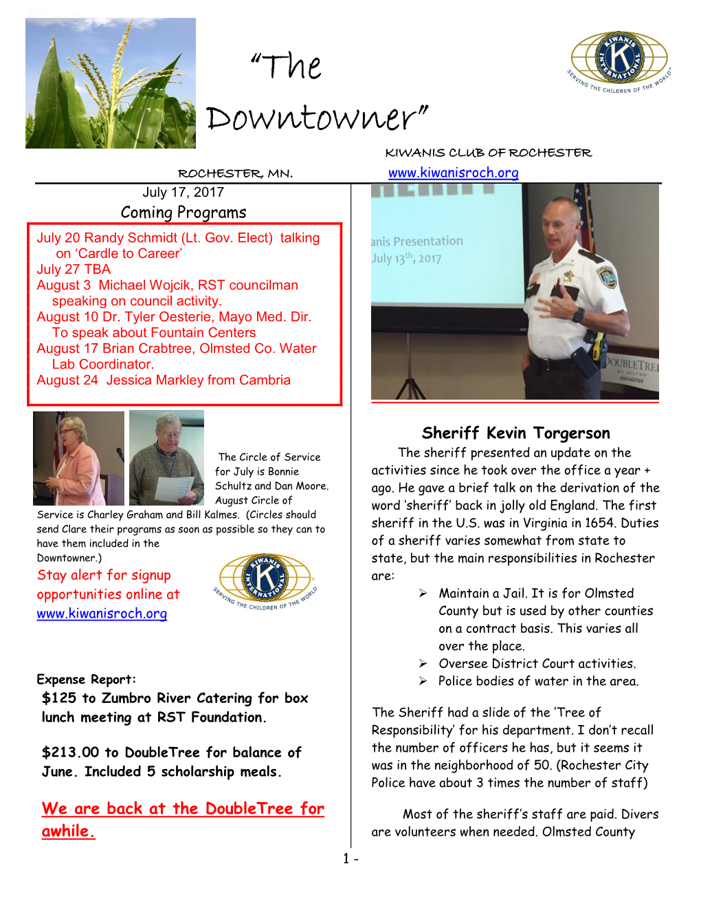 “The Downtowner” KIWANIS CLUB of ROCHESTER ROCHESTER, MN