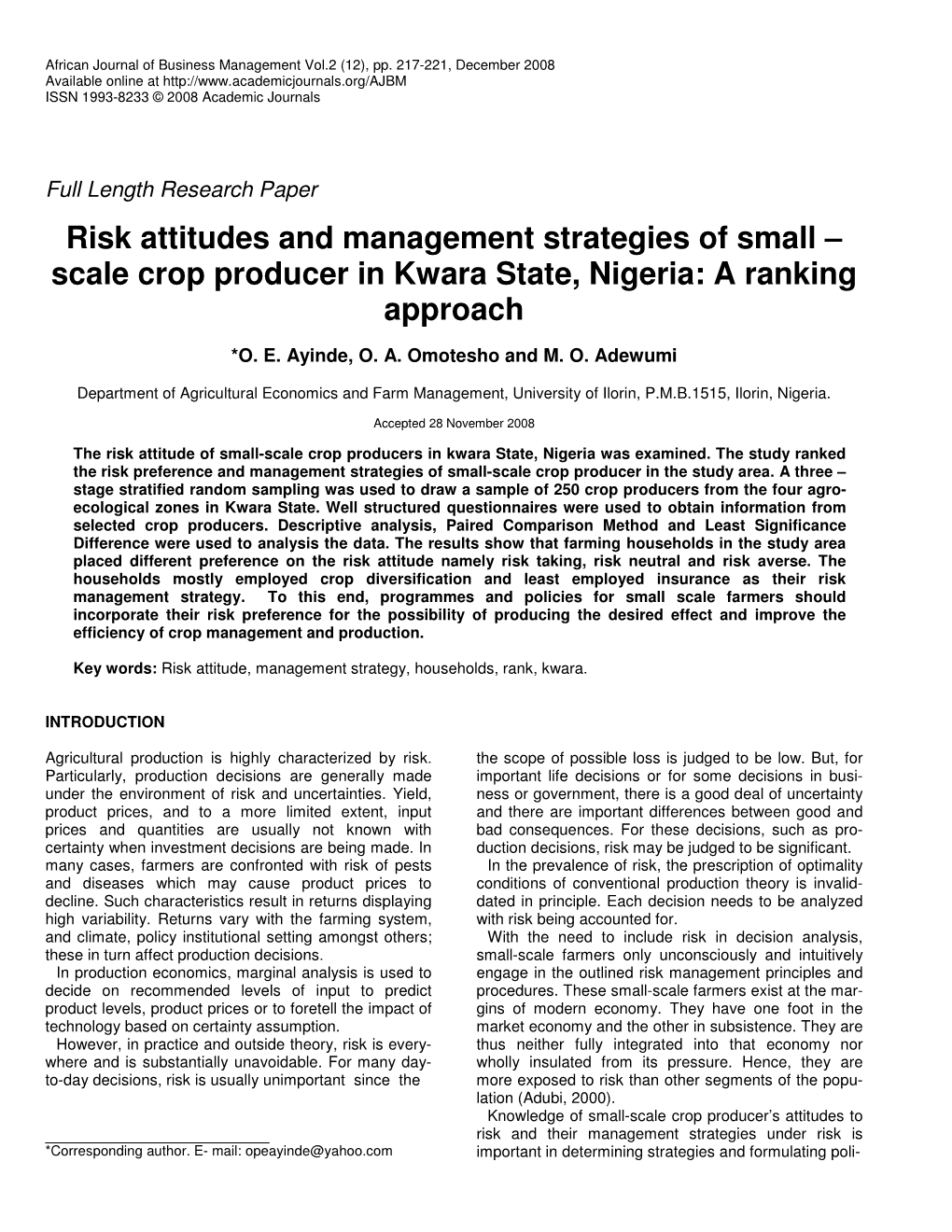 Risk Attitudes and Management Strategies of Small – Scale Crop Producer in Kwara State, Nigeria: a Ranking Approach