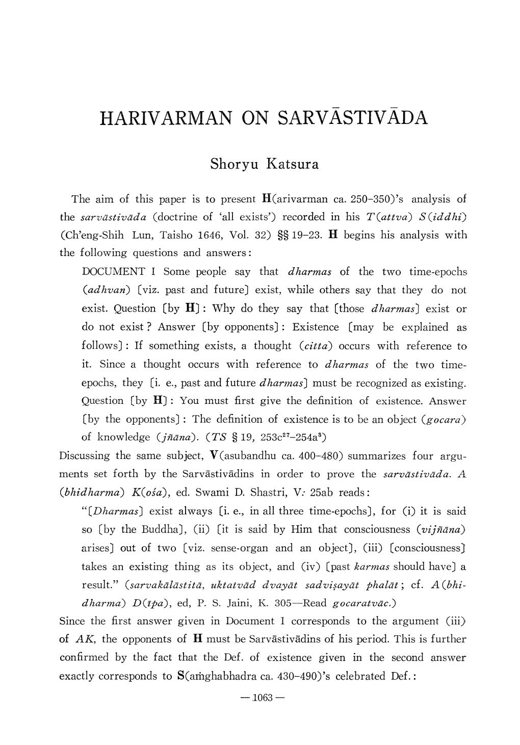 HARIVARMAN on SARVASTIVADA Shoryu Katsura