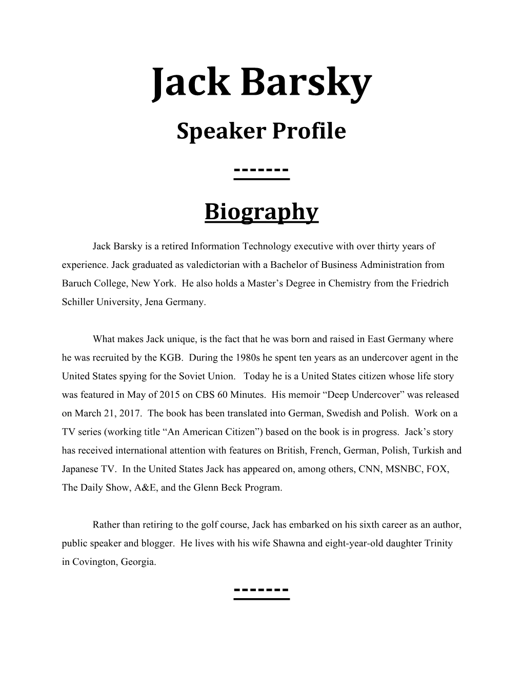 Jack Barsky Speaker Profile ------Biography