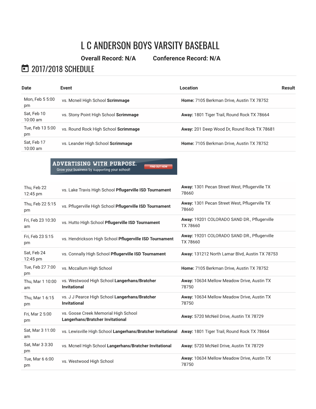 Boys Varsity Baseball Schedule – L C Anderson Trojanss