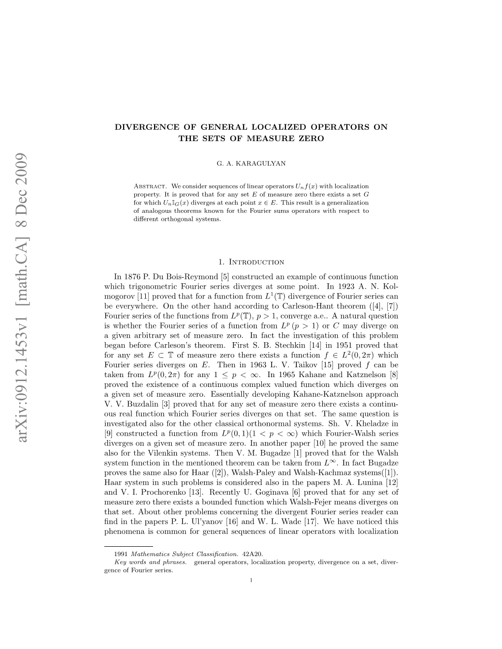 Divergence of General Localized Operators on the Sets of Measure Zero3