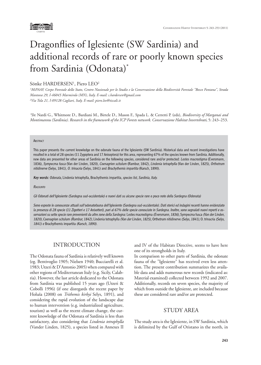 Dragonflies of Iglesiente (SW Sardinia) and Additional Records of Rare Or Poorly Known Species from Sardinia (Odonata)