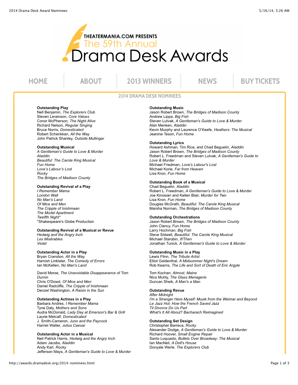 2014 Drama Desk Award Nominees 5/16/14, 3:26 AM