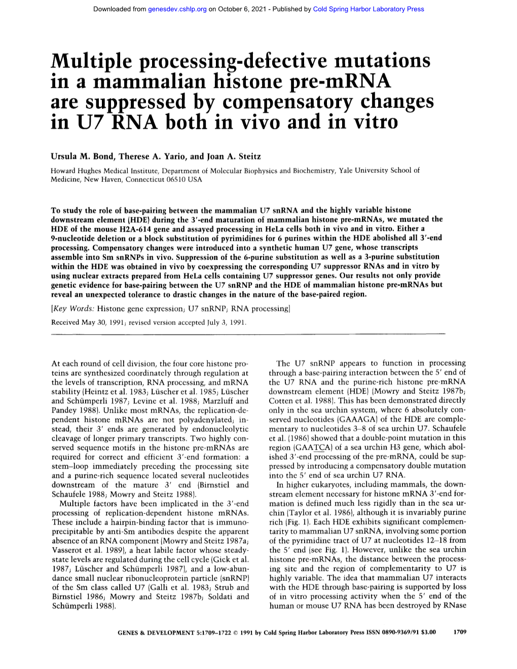 Multiple Processing-Defective Mutations M a Mammahan Histone Pre-Mrna Are Suppressed by Compensatory Changes in U7 RNA Both in Vivo and in Vitro