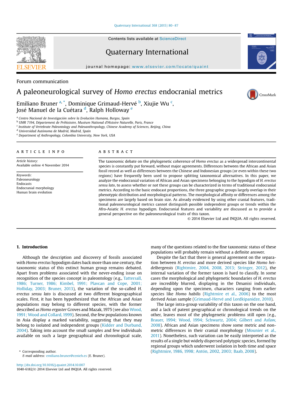 A Paleoneurological Survey of Homo Erectus Endocranial Metrics