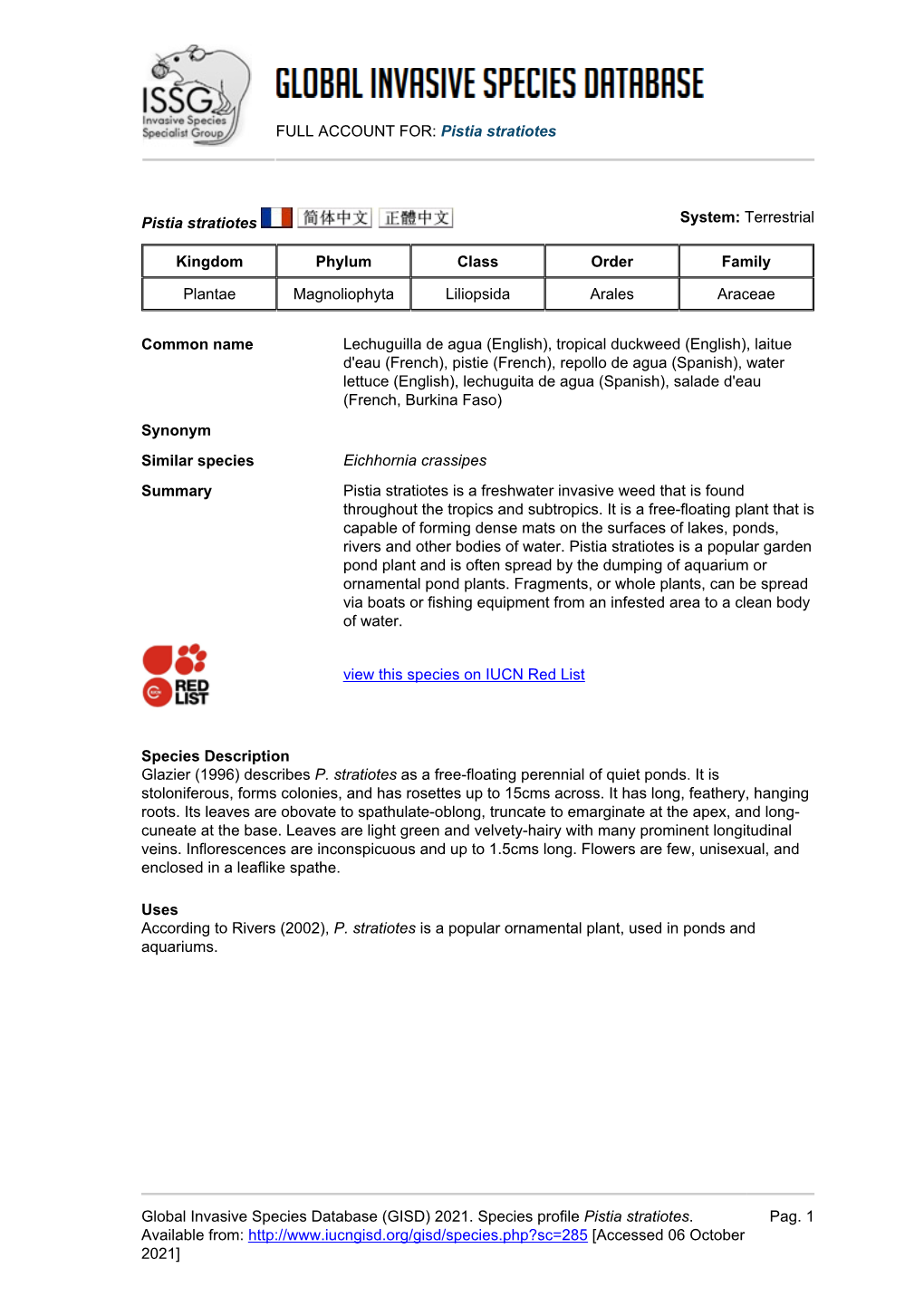 (GISD) 2021. Species Profile Pistia Stratiotes. Available F