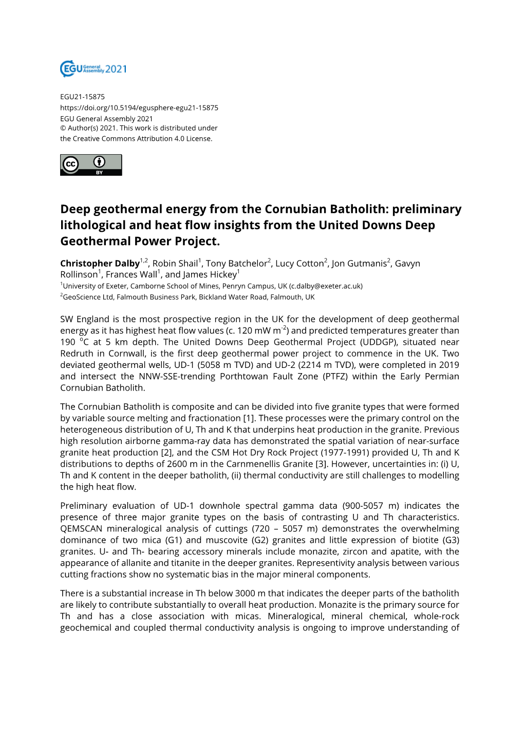 Deep Geothermal Energy from the Cornubian Batholith: Preliminary Lithological and Heat Flow Insights from the United Downs Deep Geothermal Power Project