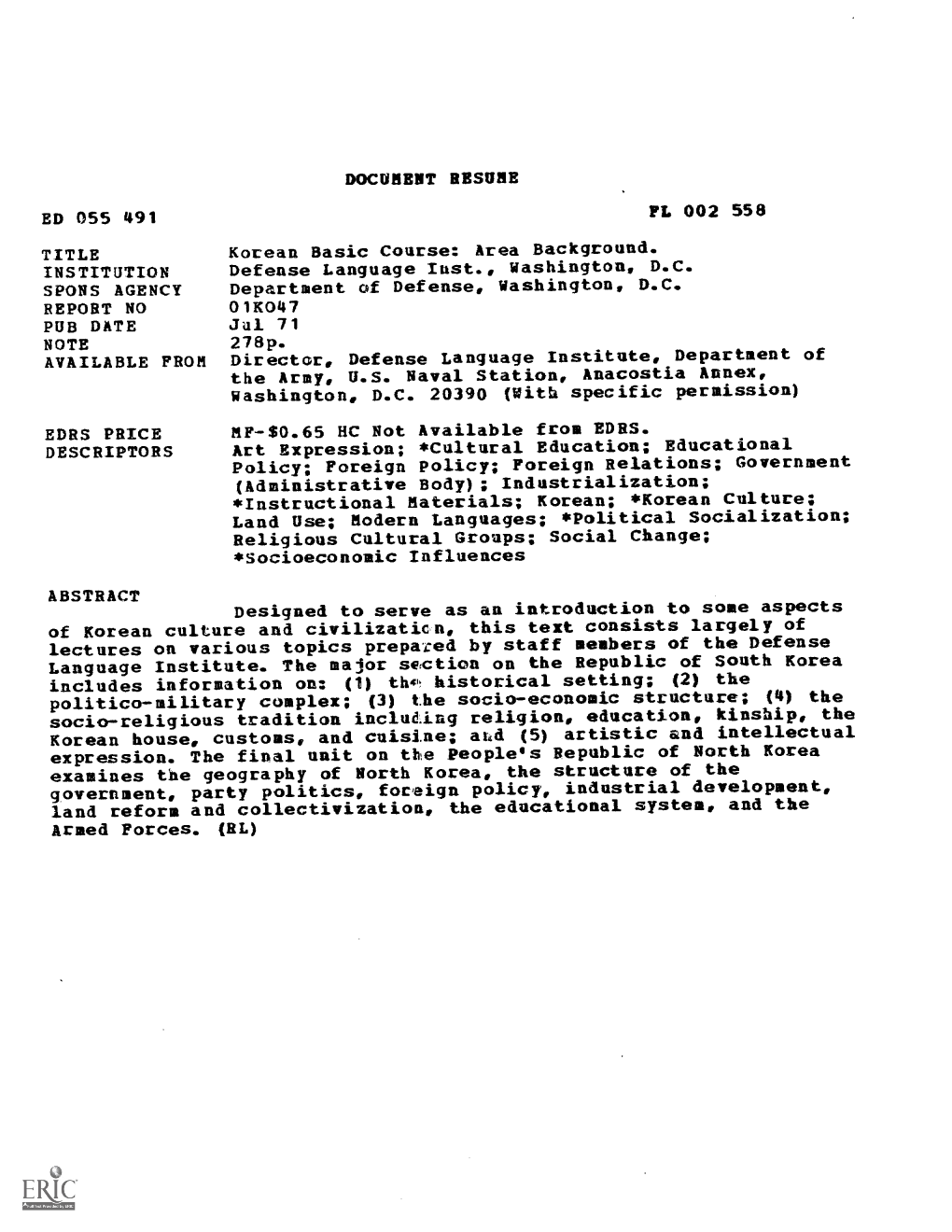 Korean Basic Course: Area Background. INSTITUTION Defense Language Inst., Washington, D.C