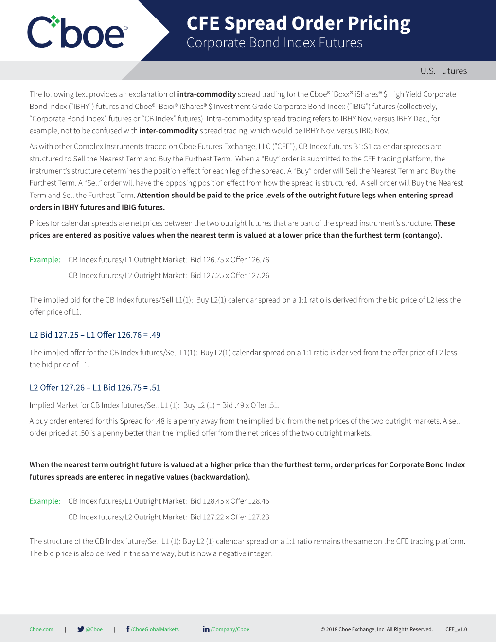 CFE Spread Order Pricing Corporate Bond Index Futures