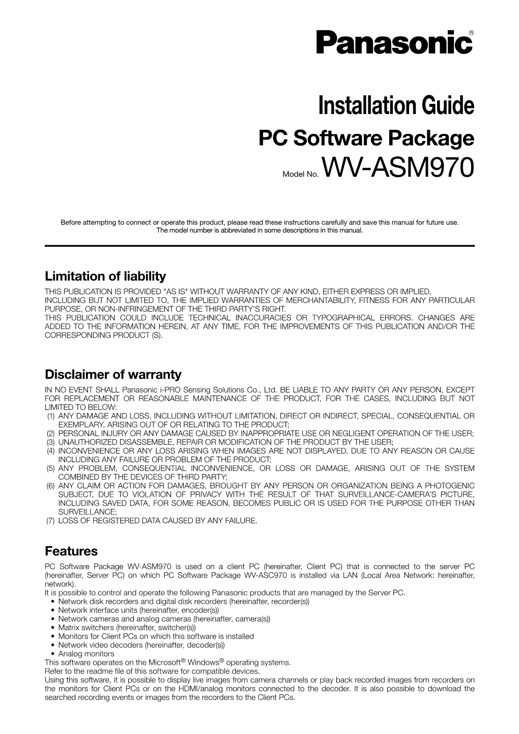Installation Guide PC Software Package