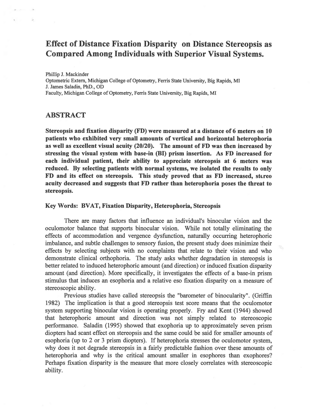 1997 Mackinder Effect of Distance Fixation Disparity on Distance