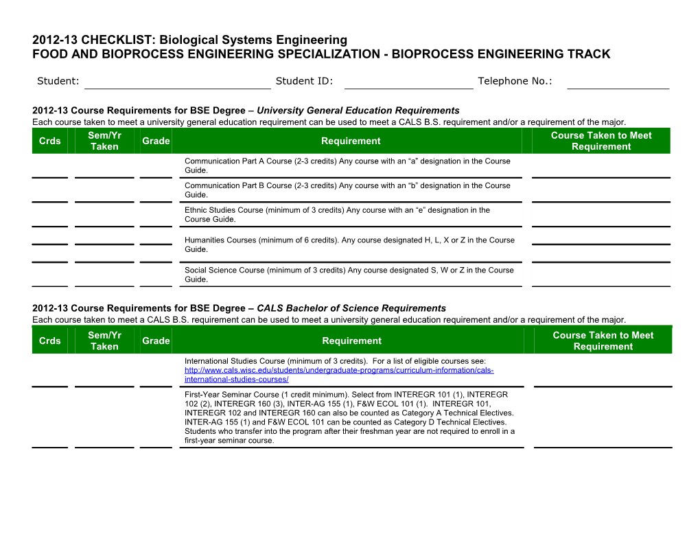 2012-13 CHECKLIST: Biological Systems Engineering