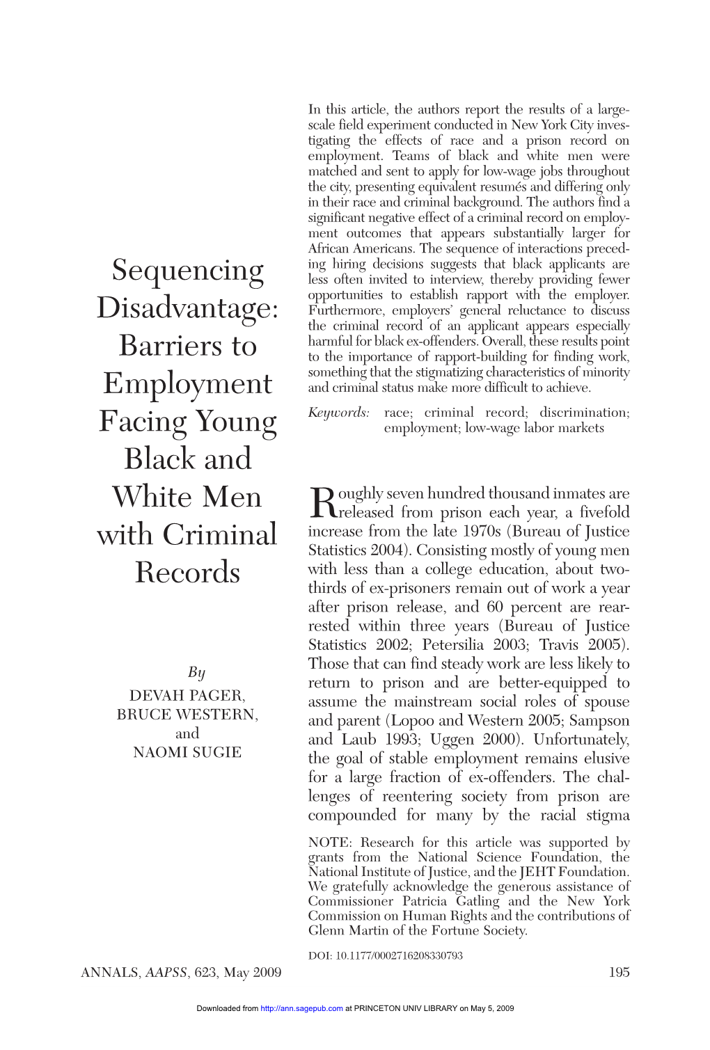 Sequencing Disadvantage: Barriers to Employment Facing Young Black and White Men with Criminal Records