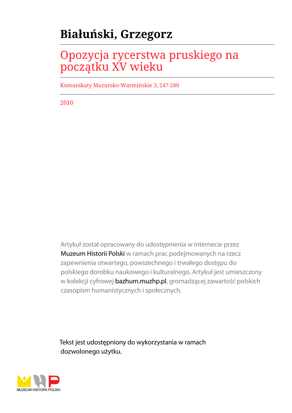 Białuński, Grzegorz Opozycja Rycerstwa Pruskiego Na Początku XV Wieku