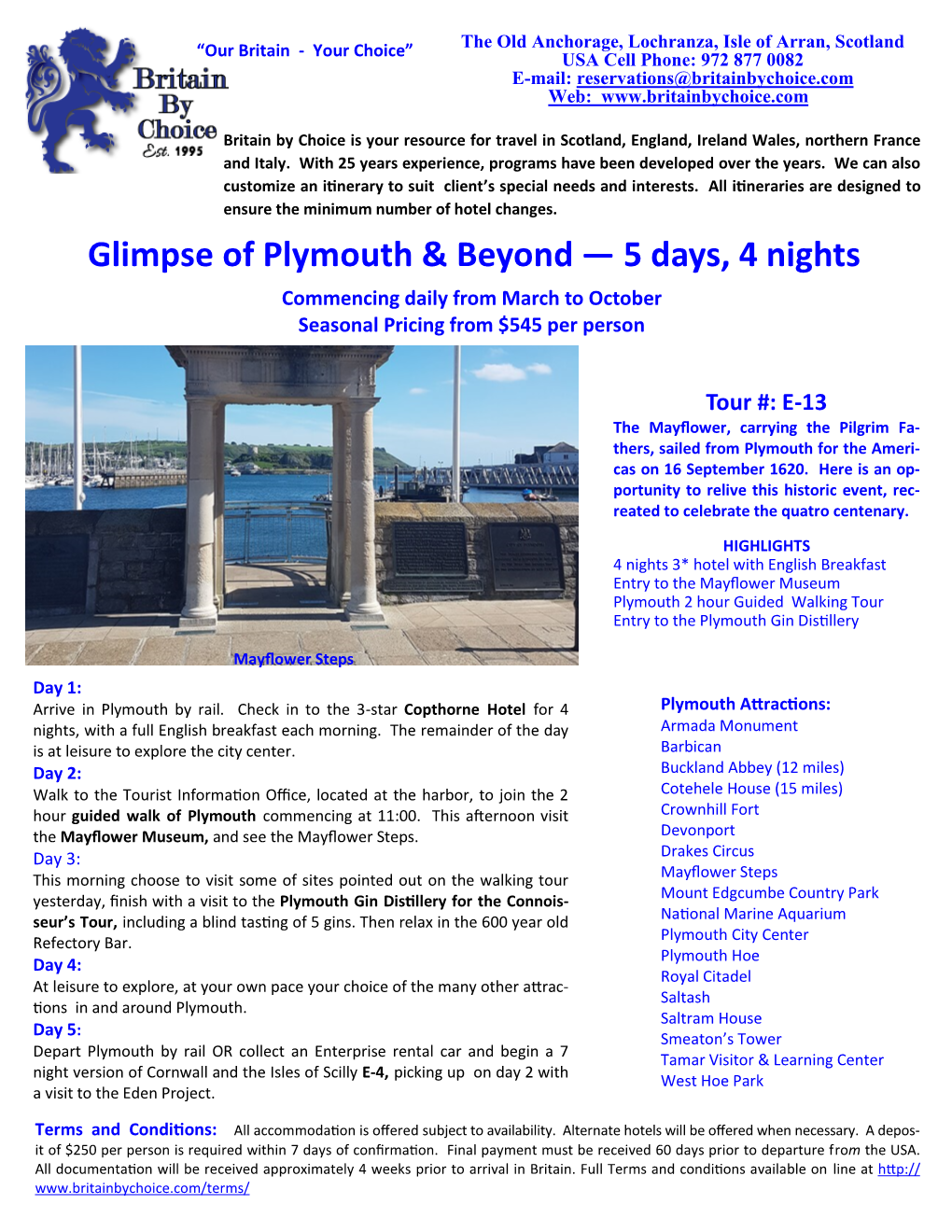 Glimpse of Plymouth & Beyond — 5 Days, 4 Nights