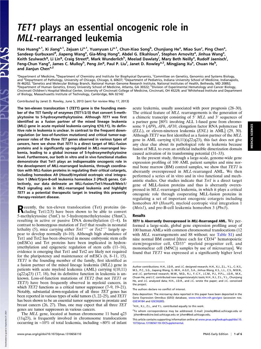 TET1 Plays an Essential Oncogenic Role in MLL-Rearranged Leukemia