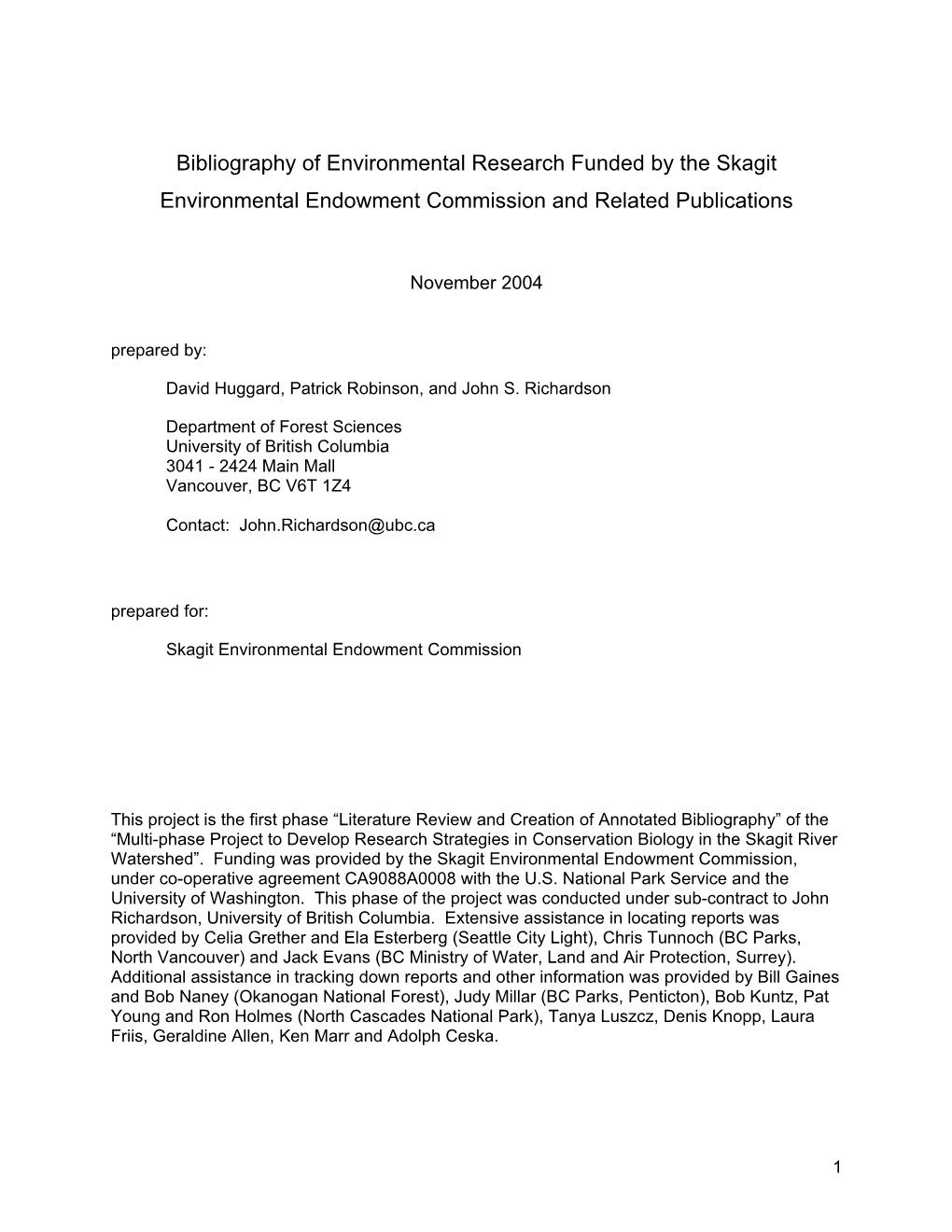 Bibliography of Environmental Research Funded by the Skagit Environmental Endowment Commission and Related Publications