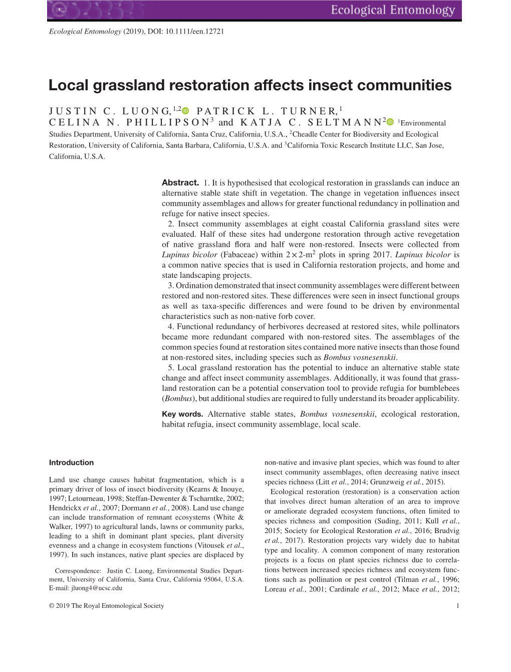 Local Grassland Restoration Affects Insect Communities