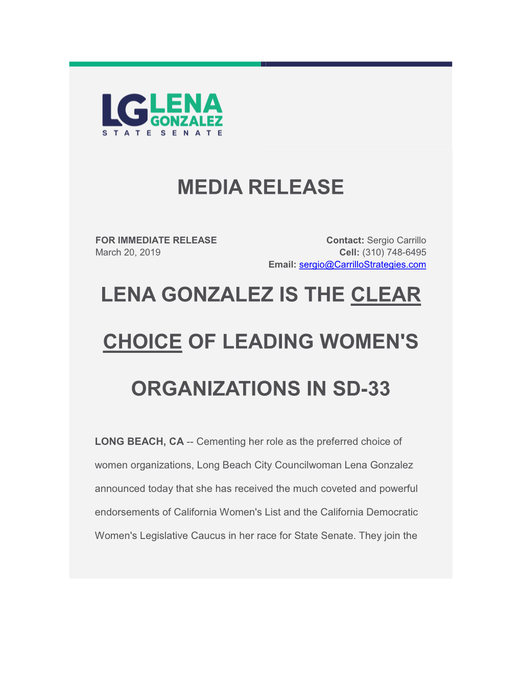 Lena Gonzalez Is the Clear Choice of Leading Women's Organizations In