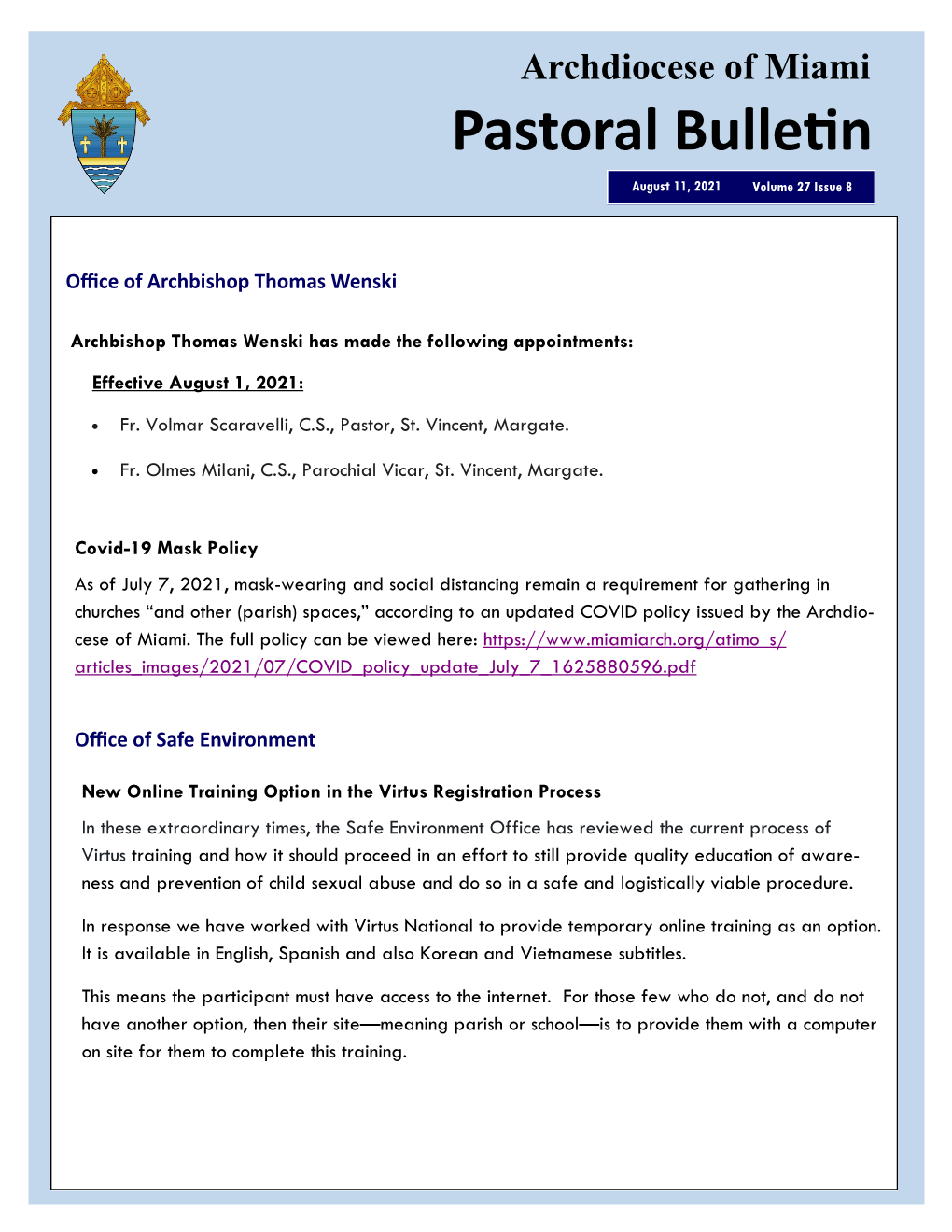Pastoral Bulletin August 11, 2021
