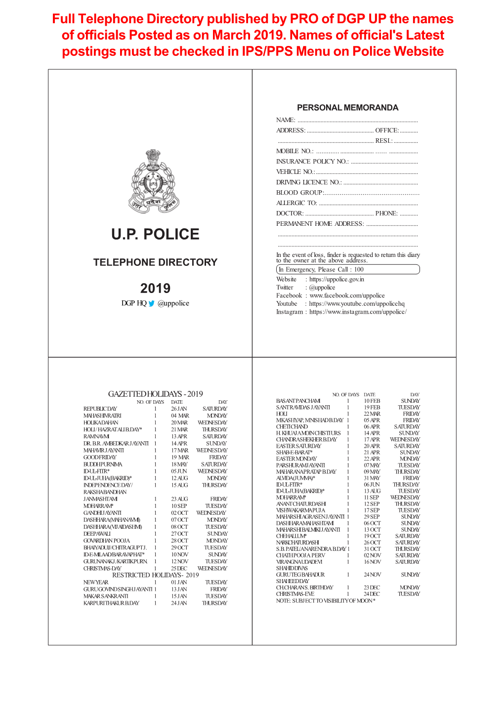 Full Telephone Directory Published by PRO of DGP up the Names of Officials Posted As on March 2019