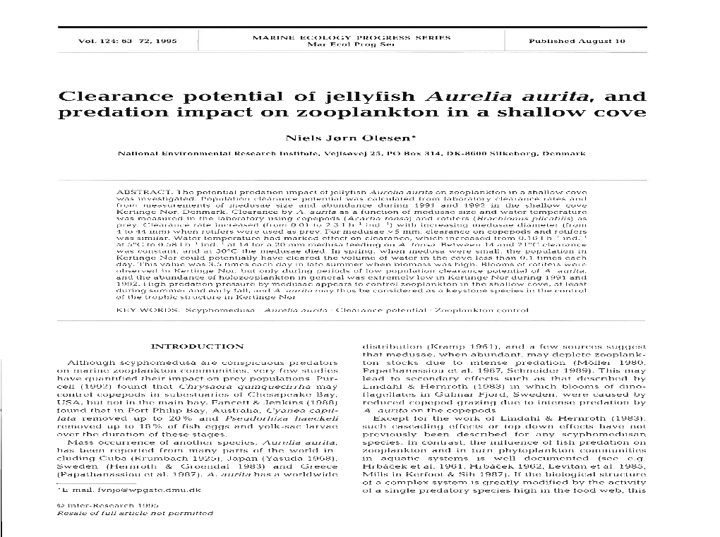 Clearance Potential of Jellyfish Aurelia Aurita, and Predation Impact on Zooplankton in a Shallow Cove