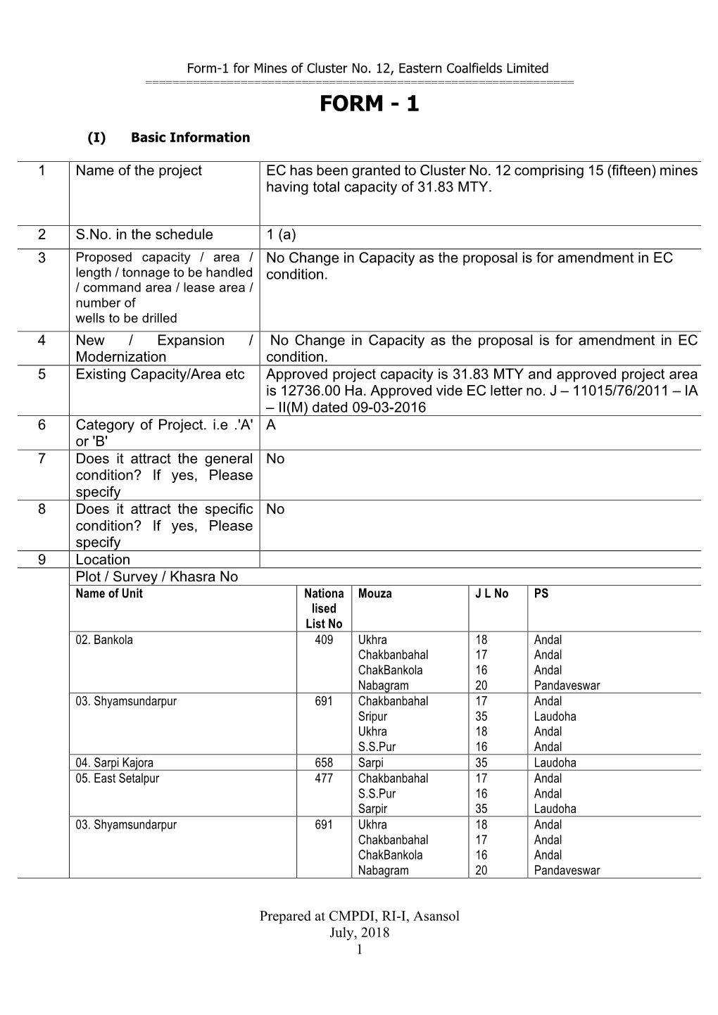 Form-1 for Mines of Cluster No