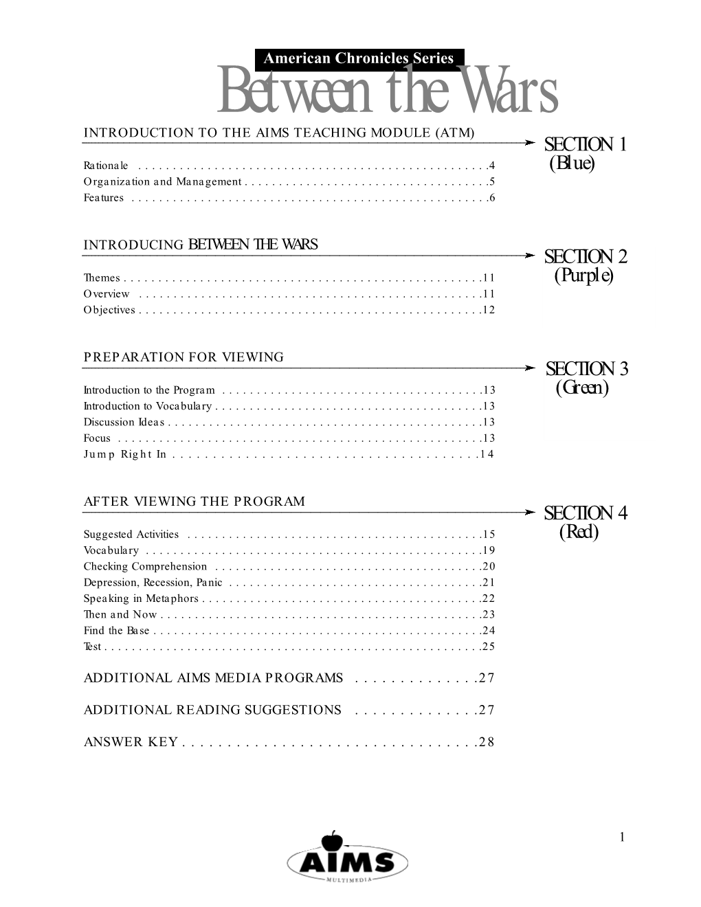 Between the Wars INTRODUCTION to the AIMS TEACHING MODULE (ATM) SE C T I O N 1 Rationale