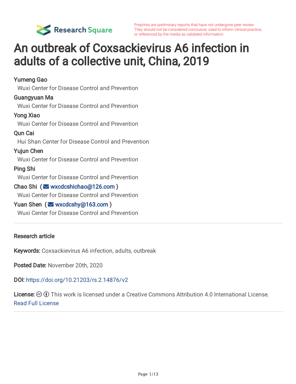 An Outbreak of Coxsackievirus A6 Infection in Adults of a Collective Unit, China, 2019