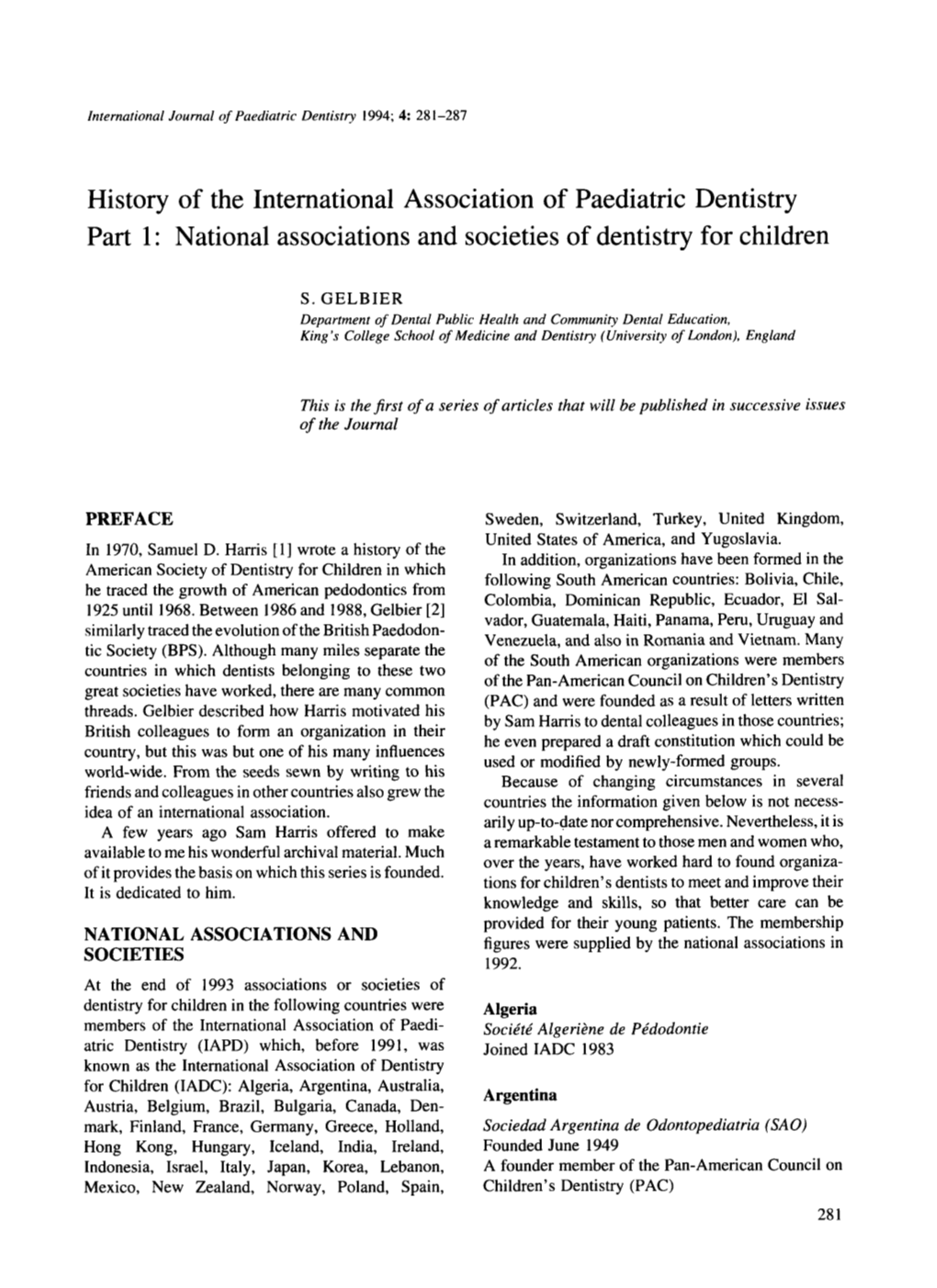 Part 1: National Associations and Societies of Dentistry for Children