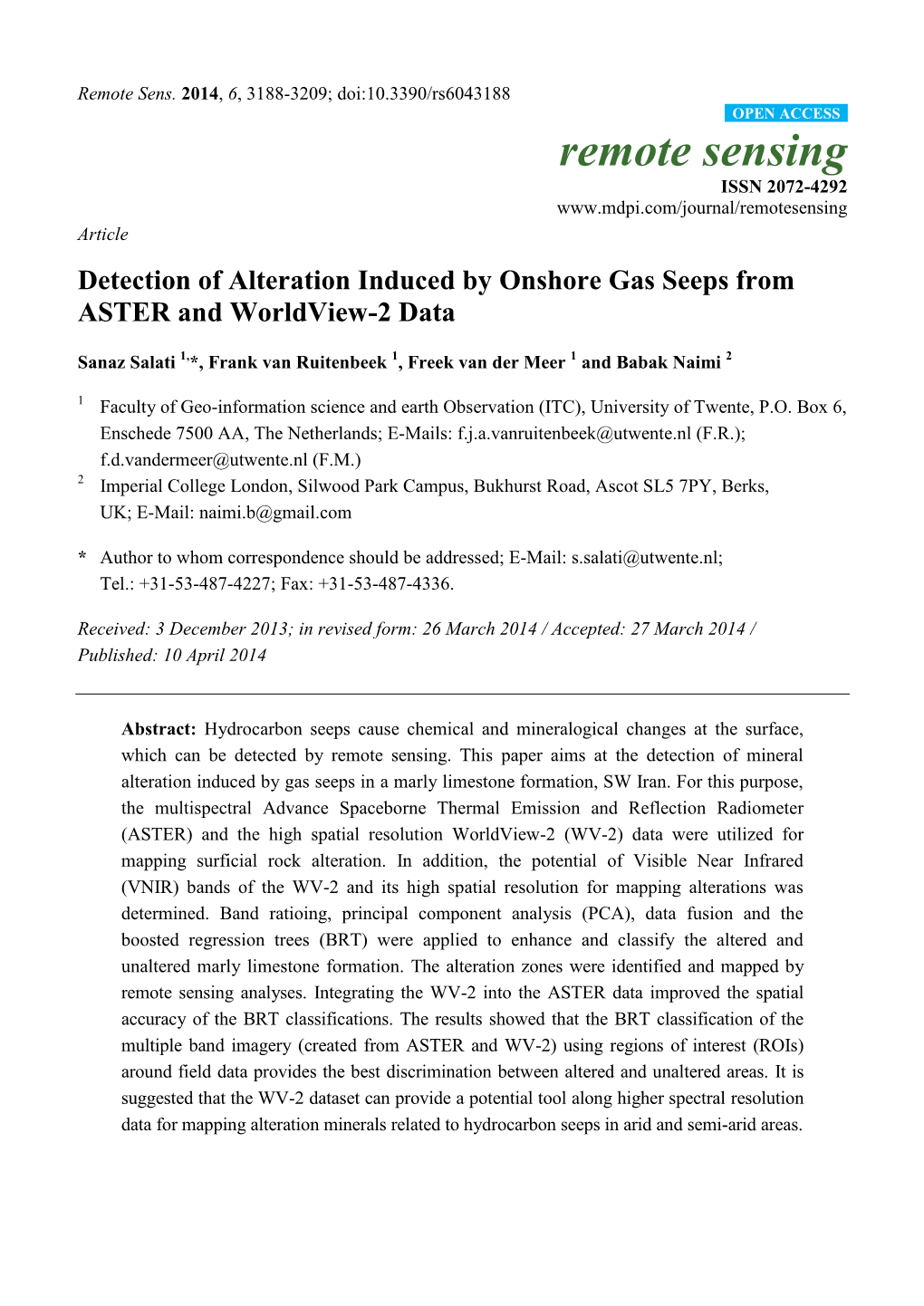 Remote Sensing ISSN 2072-4292 Article Detection of Alteration Induced by Onshore Gas Seeps from ASTER and Worldview-2 Data
