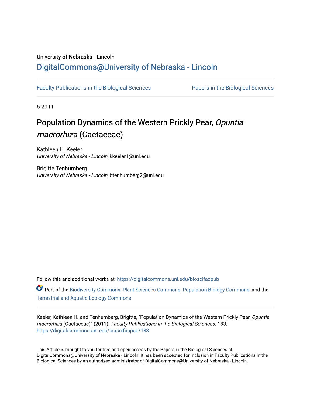 Population Dynamics of the Western Prickly Pear, Opuntia Macrorhiza (Cactaceae)