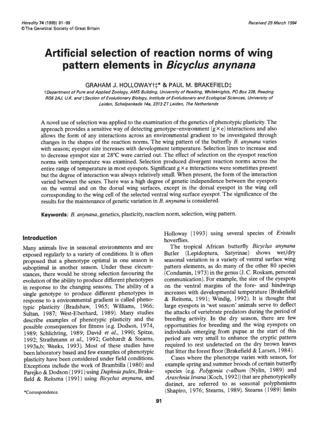 Artificial Selection of Reaction Norms of Wing Pattern Elements in Bicyclus Anynana