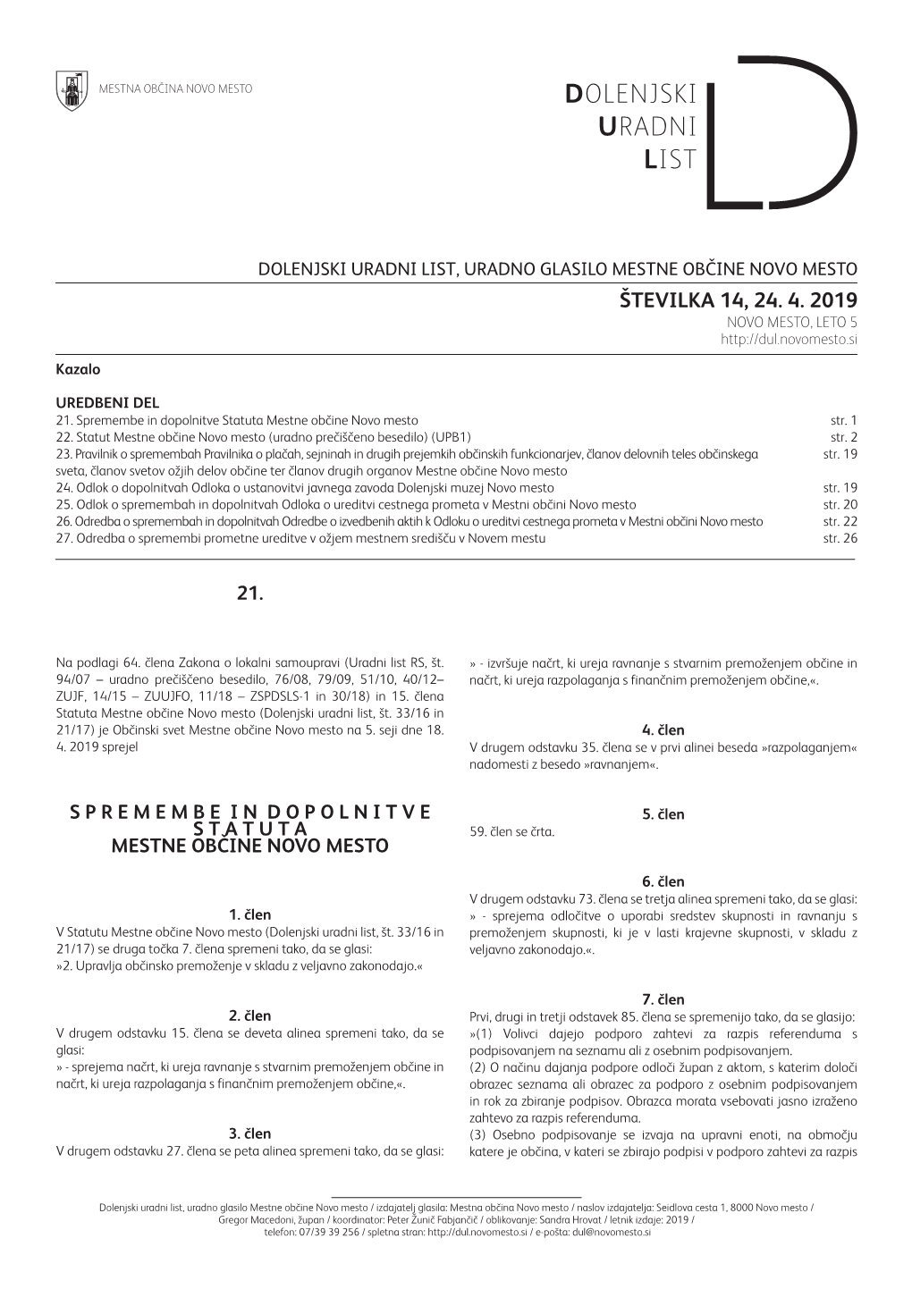 Statut Mestne Občine Novo Mesto (Uradno Prečiščeno Besedilo) (UPB1) Str