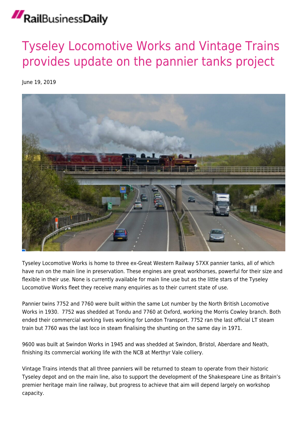 Tyseley Locomotive Works and Vintage Trains Provides Update on the Pannier Tanks Project