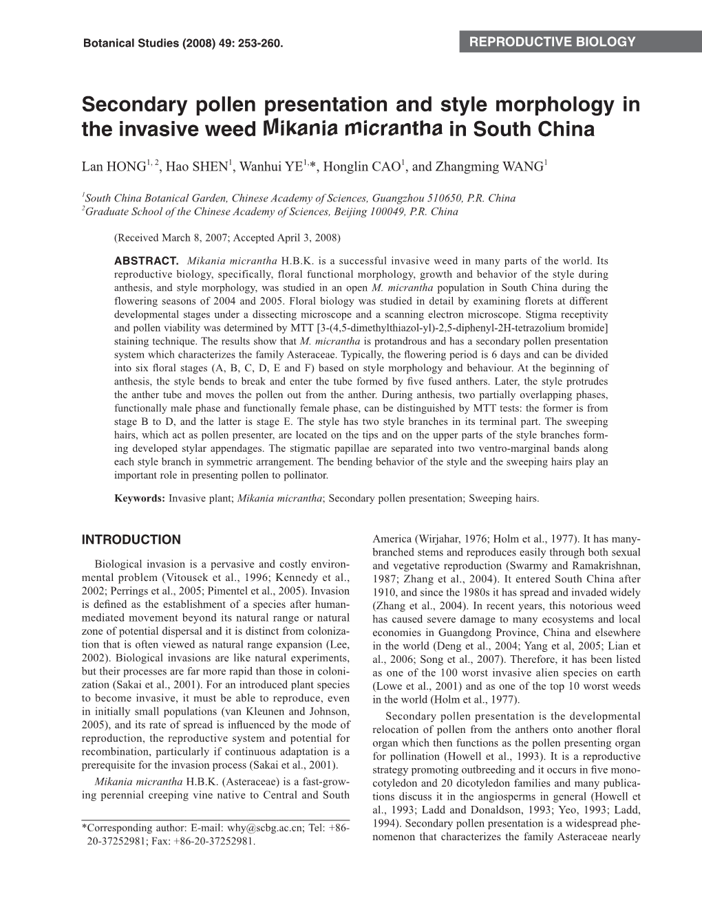 Secondary Pollen Presentation and Style Morphology in the Invasive Weed Mikania Micrantha in South China