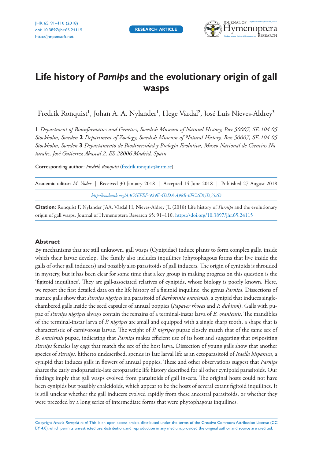 ﻿Life History of Parnips and the Evolutionary Origin of Gall Wasps