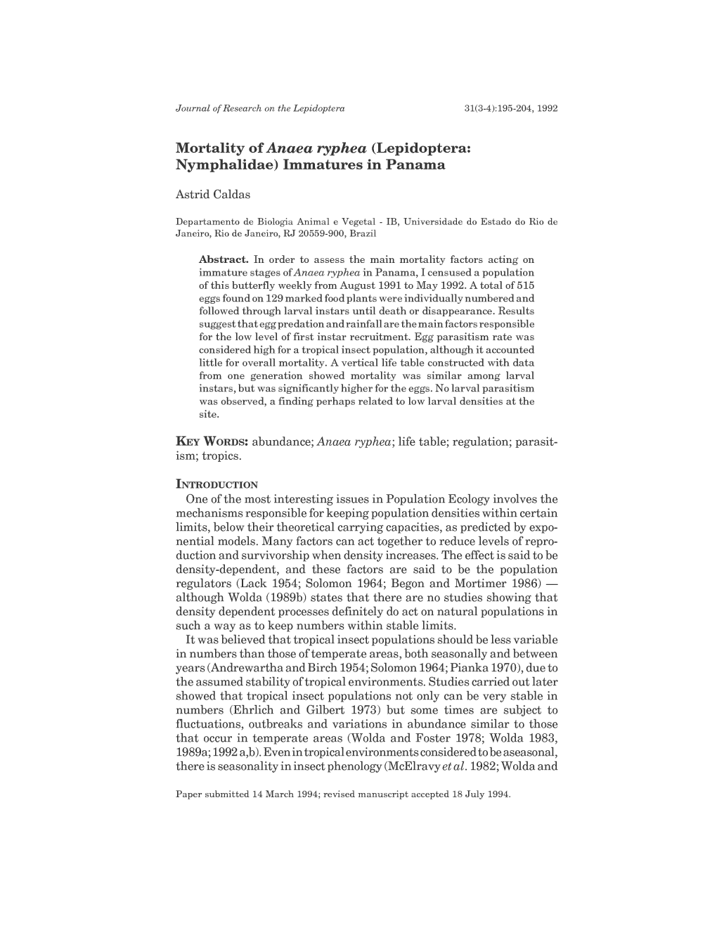 Mortality of Anaea Ryphea (Lepidoptera: Nymphalidae) Immatures in Panama
