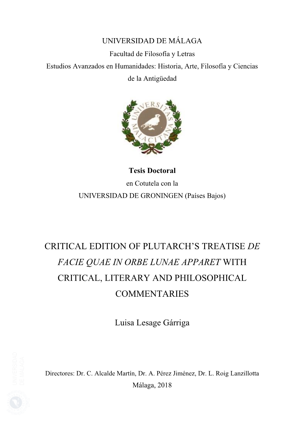 Critical Edition of Plutarch's Treatise De Facie Quae in Orbe Lunae