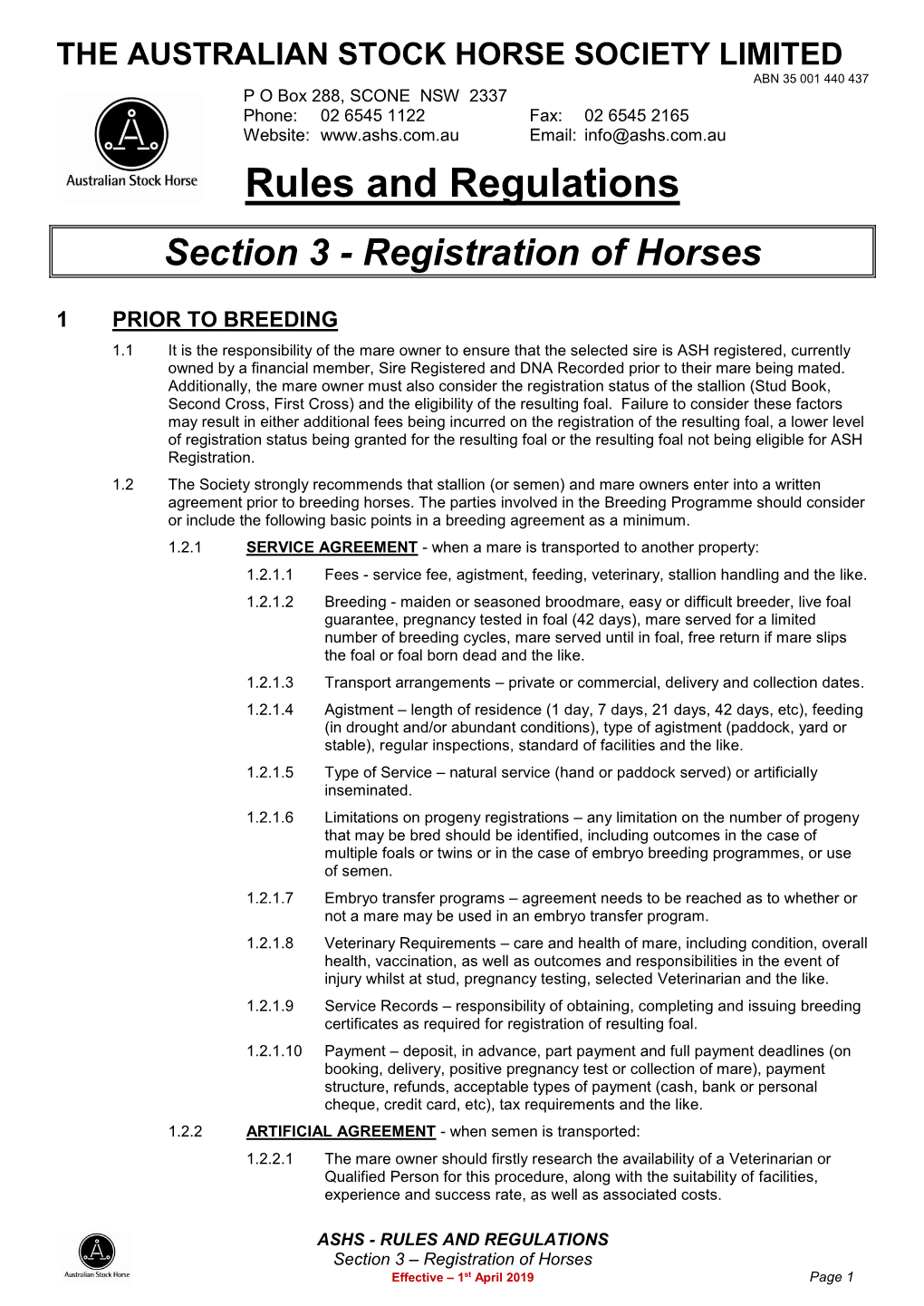 Rules and Regulations Amendments – Registration of Horses