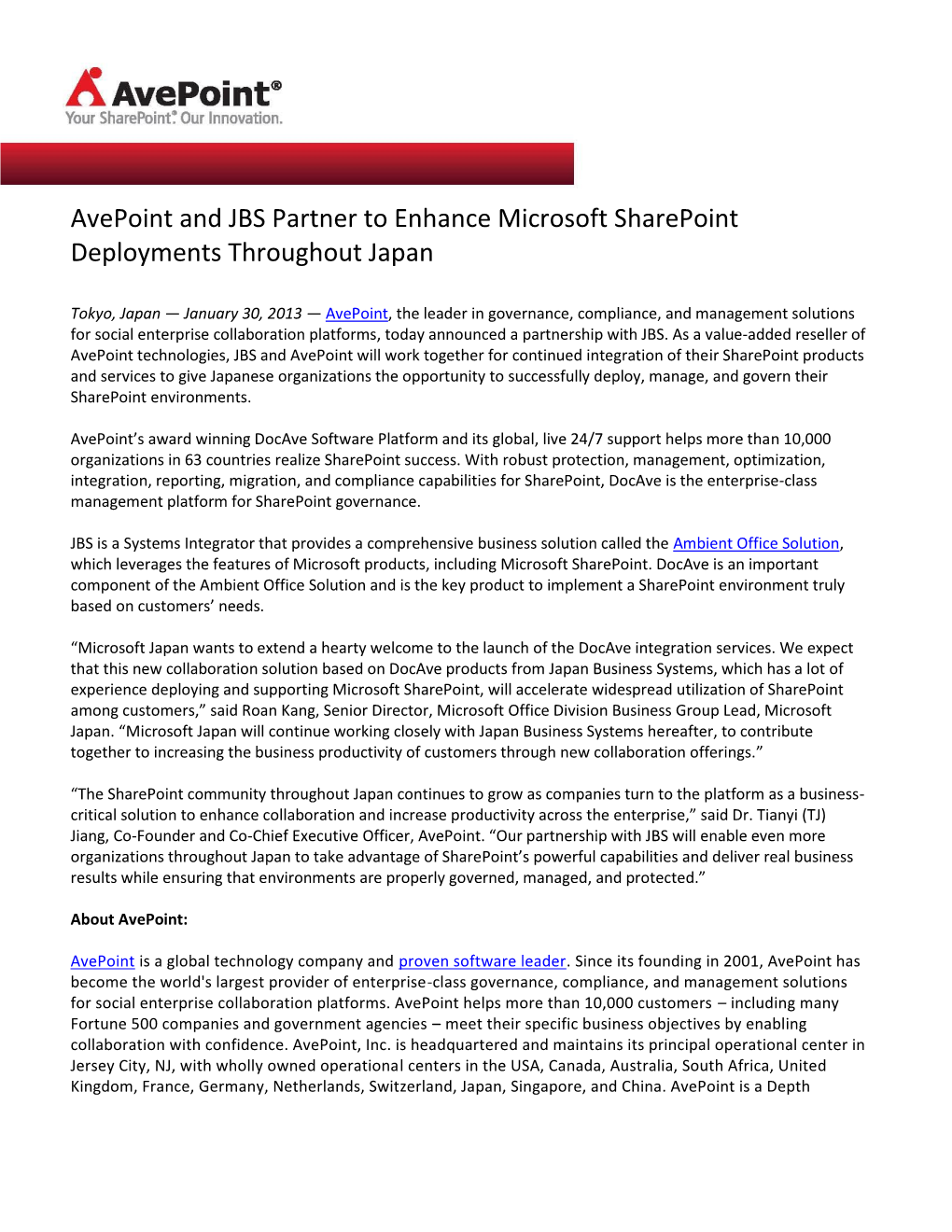 Avepoint and JBS Partner to Enhance Microsoft Sharepoint Deployments Throughout Japan