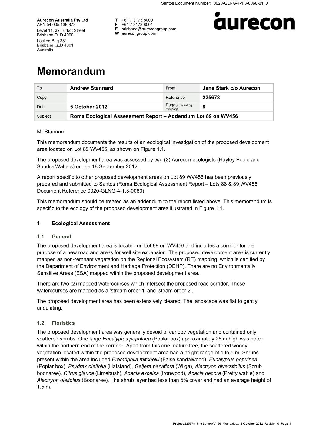 Roma Ecological Assessment Report – Addendum to Lot 89