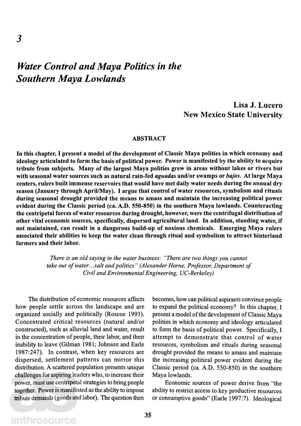 Water Control and Maya Politics in the Southern Maya Lowlands