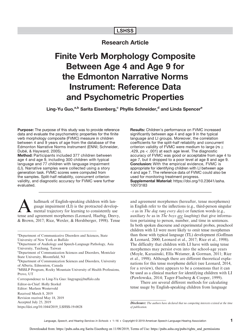 Finite Verb Morphology Composite Between Age Four and Age Nine For