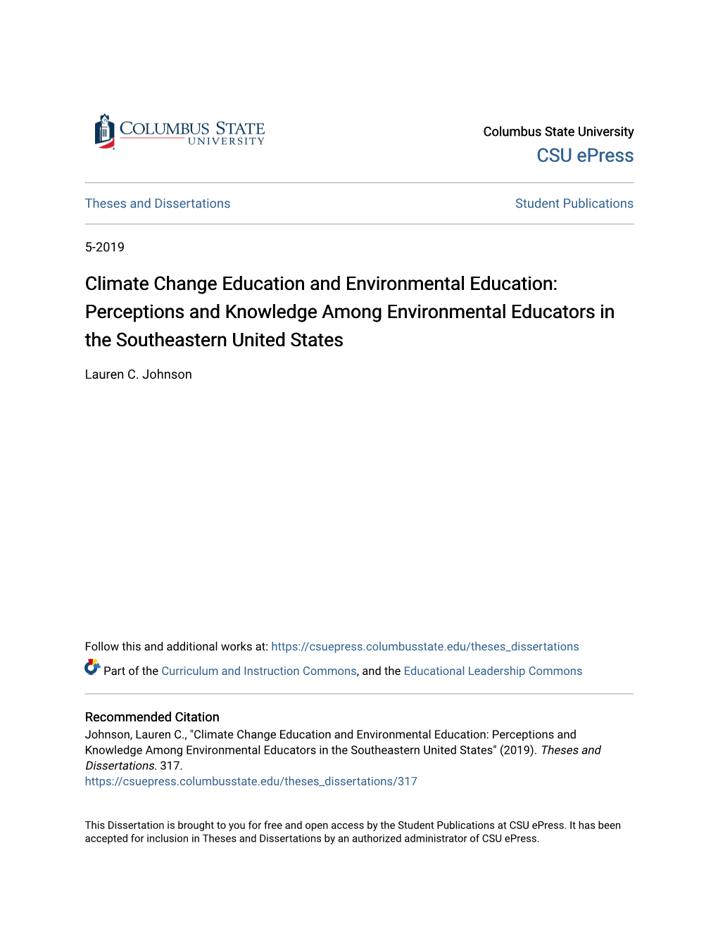 Climate Change Education and Environmental Education: Perceptions and Knowledge Among Environmental Educators in the Southeastern United States