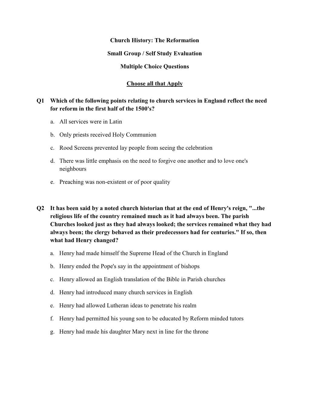 Church History: the Reformation Small Group / Self Study Evaluation