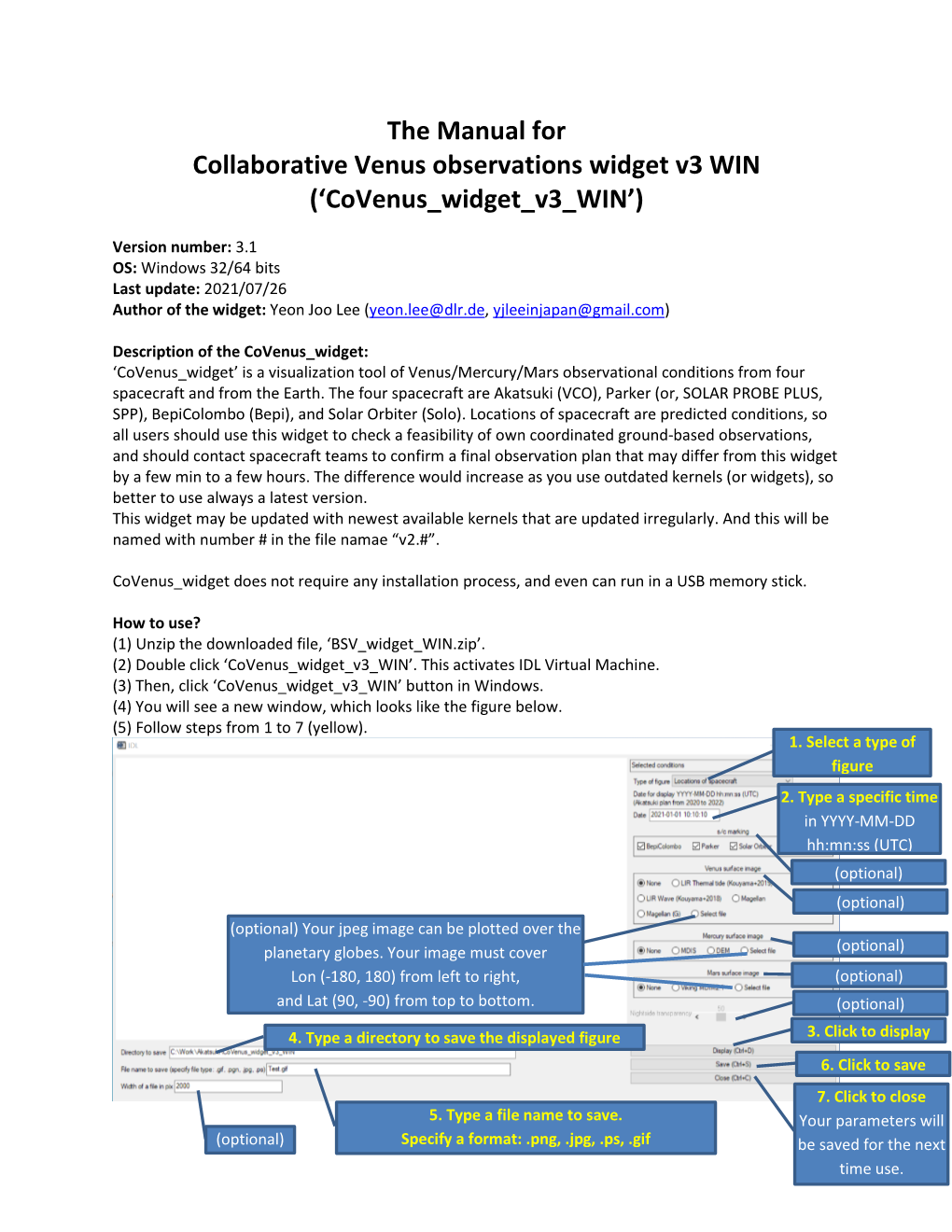 The Manual for Collaborative Venus Observations Widget V3 WIN ('Covenus Widget V3 WIN')