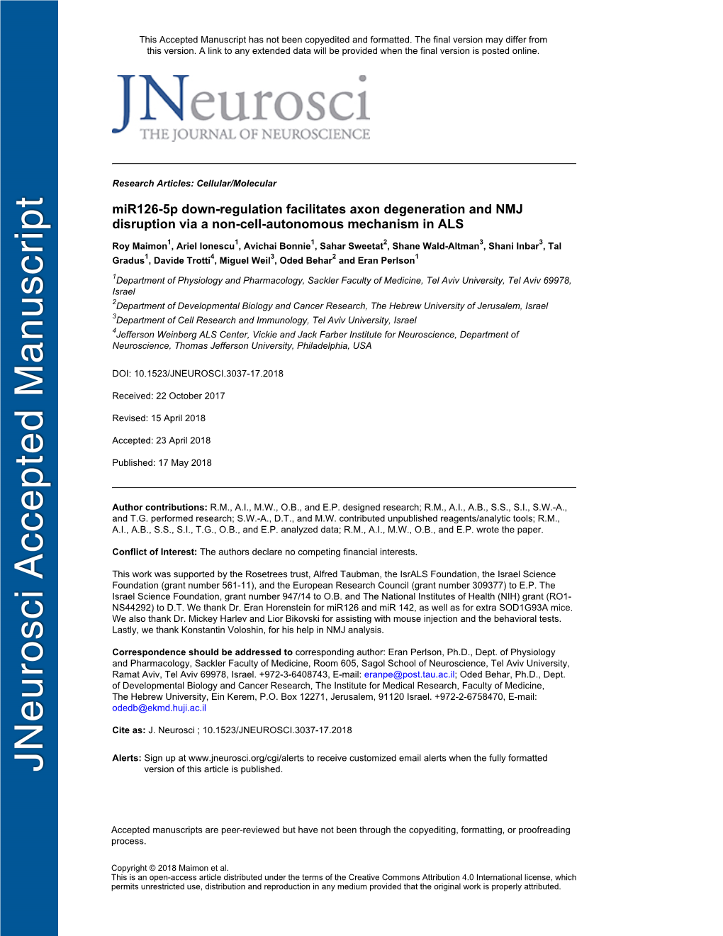 Mir126-5P Down-Regulation Facilitates Axon Degeneration and NMJ Disruption Via a Non-Cell-Autonomous Mechanism in ALS